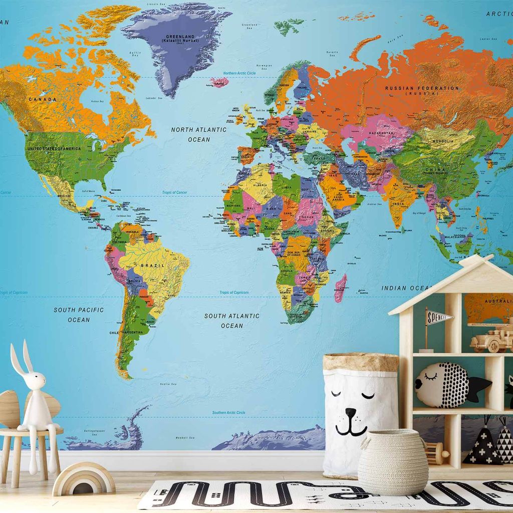 Vlies Fototapete - World Map: Colourful Geography 300x210 cm Karten k-A-0095-a-a