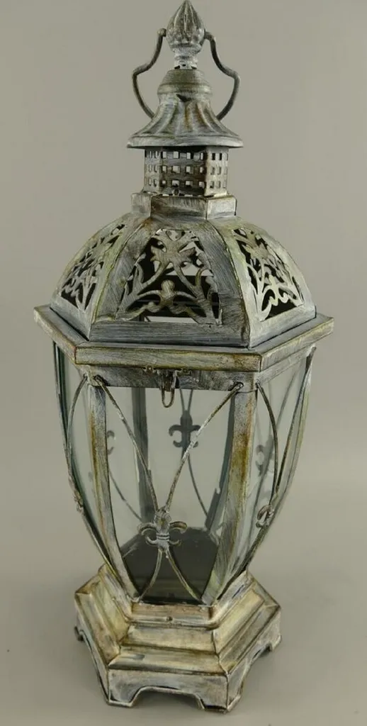 Grande Lanterne Argent Antique 58cm en Métal avec Poignée Décorative