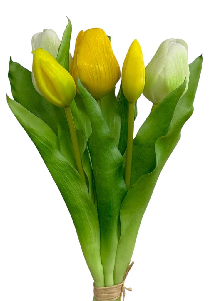 Künstlicher Tulpenbund, 5 Tulpen 30cm, Kunstblume Frühling Gelb-Weiß