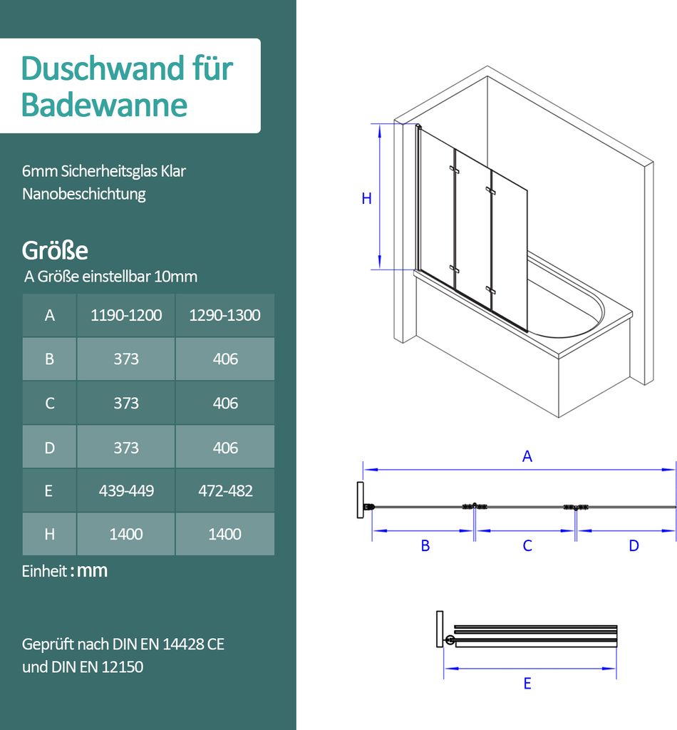 EMKE Duschabtrennungen 130x140cm, 3-teilige faltbare Produktbild 6