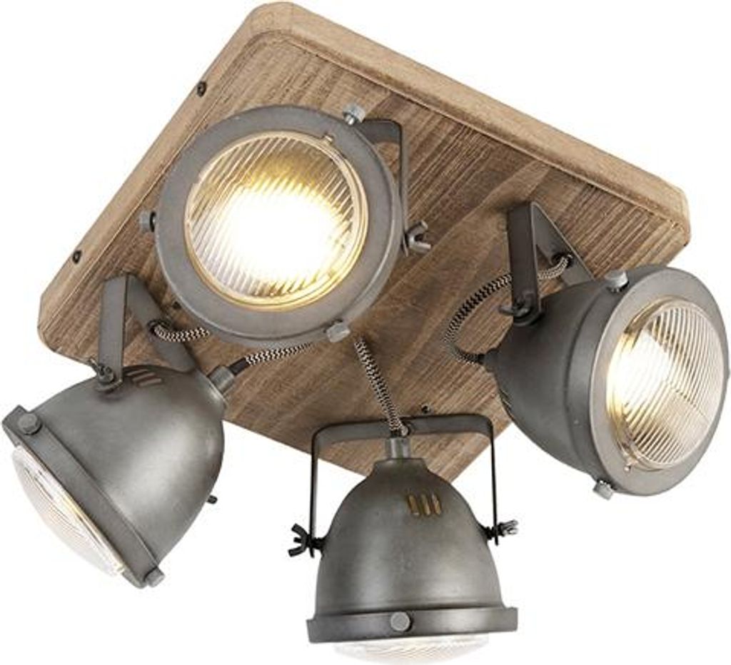 QAZQA - Industrie I Vintage I Smarte Deckenleuchte I Deckenlampe I Lampe I Leuchte stahl I nickel matt mit Holz inkl. 4-flammig Spotbalken WiFi GU1...