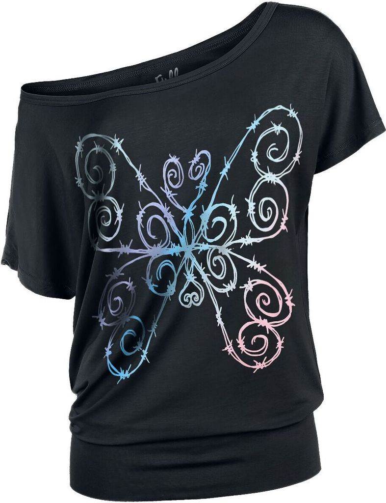 Full Volume by EMP Damen schwarzes T-Shirt mit Stacheldraht-Schmetterling 5XL