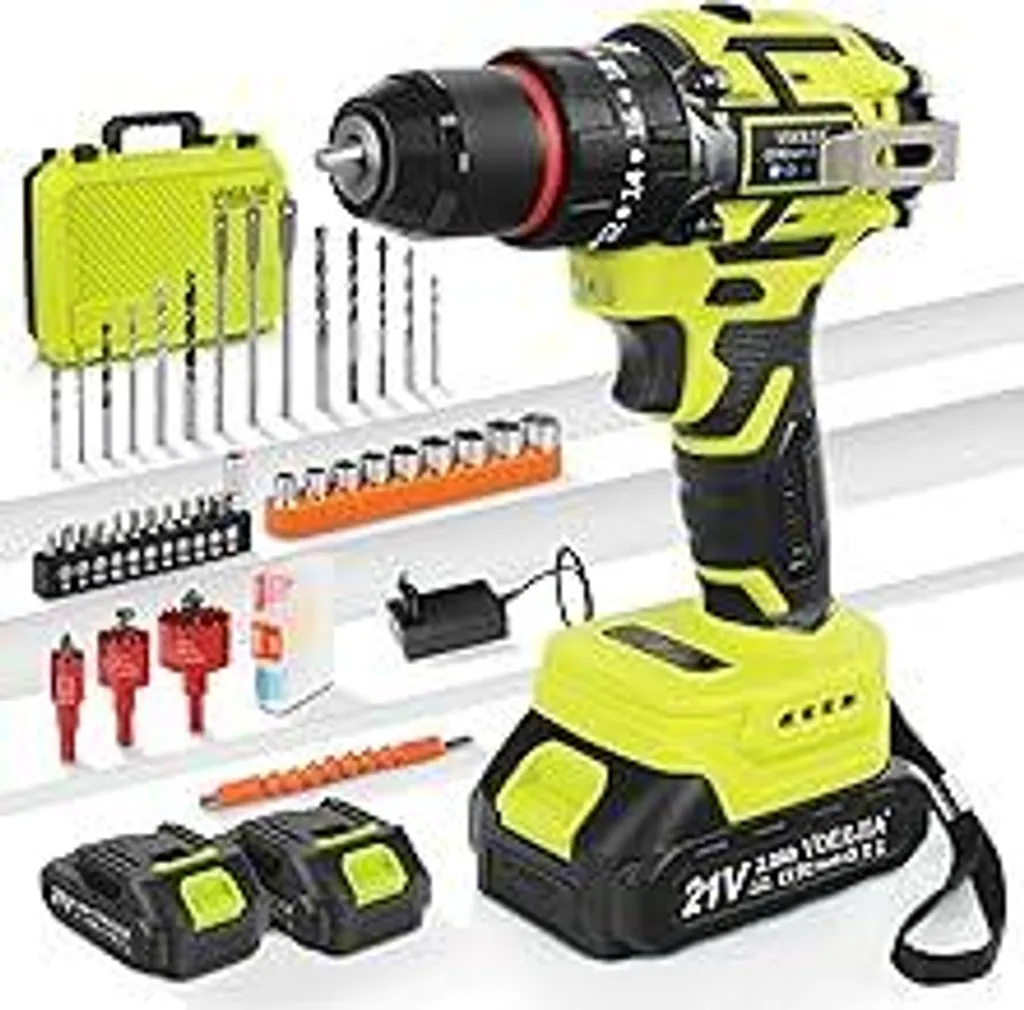 Set avvitatore a batteria 21 V, trapano a percussione senza spazzole con batteria 2*2000 mAh, mandrino 3/8, coppia 20+3, trapano a batteria max 65 N.m, luci LED e 2 marce, 46 accessori per utensili elettrici - 1