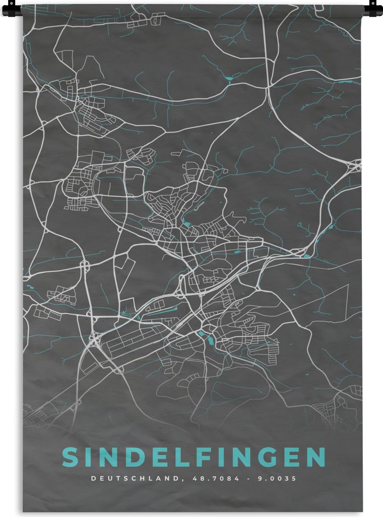 MuchoWow Wandteppich Wandbehang Deutschland - Blau - Sindelfingen - Stadtplan - Karte 120x180 cm Tapisserie Dekoration Wandtuch - Schlafzimmer - ...