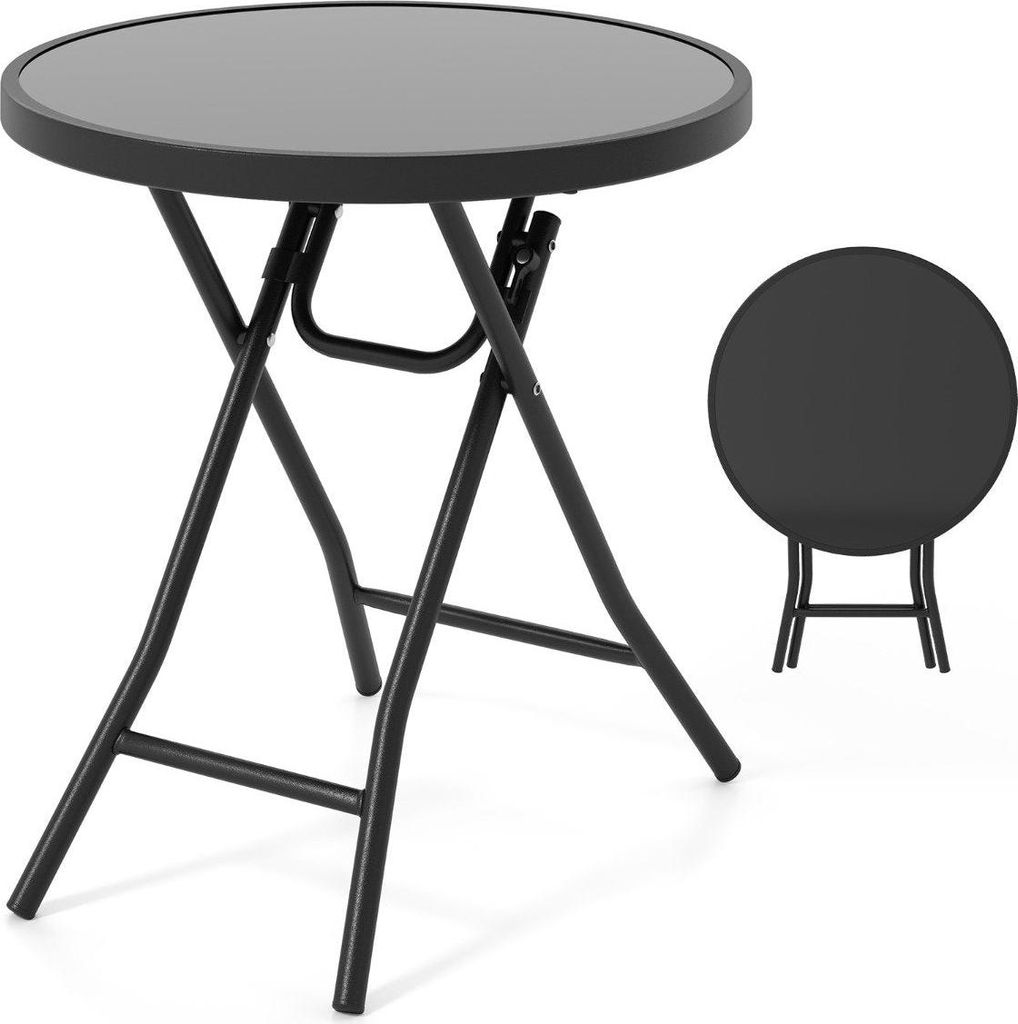 Runder Patio-Couchtisch mit Gehärteter Glasplatte & Metallrahmen Klappbarer Beistelltisch Schwarz