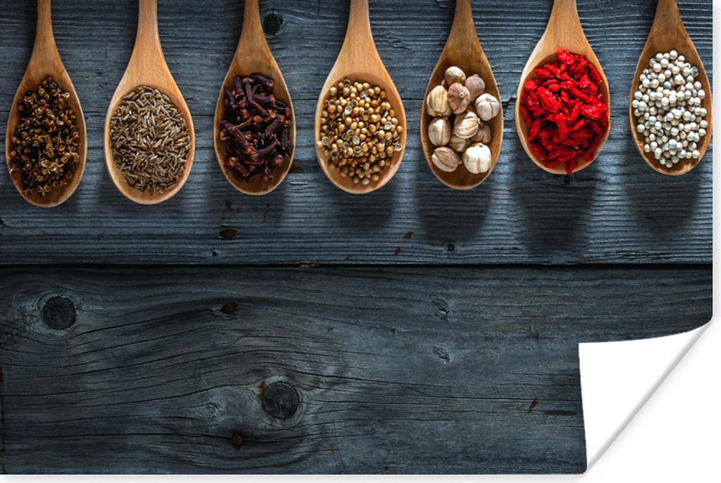 MuchoWow Poster Gewürze - Löffel - Holz - Küche - Gewürze - Industrie 120x80 cm - Bilder