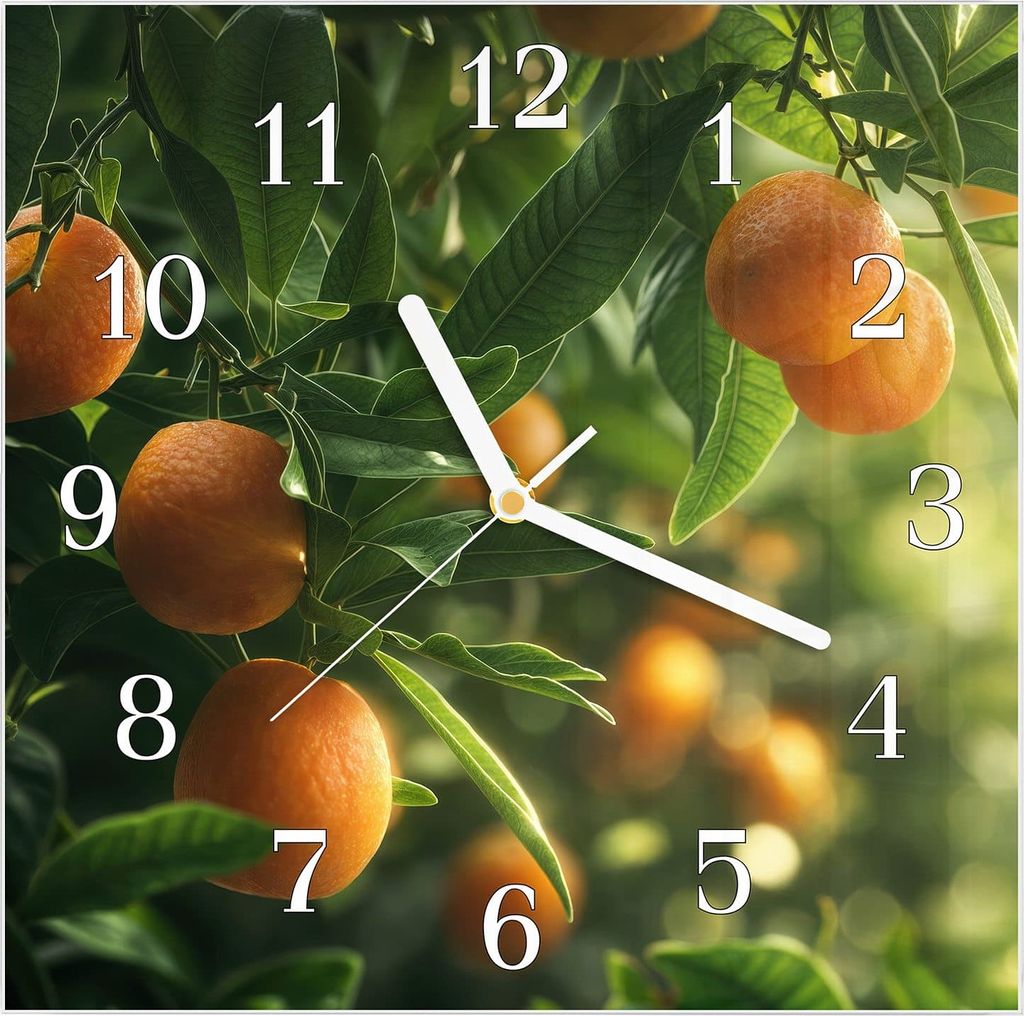 Wanduhr aus Glas mit Motiv Orangenbaum Closeup- 30 x 30 cm - inkl. Aufhängesystem