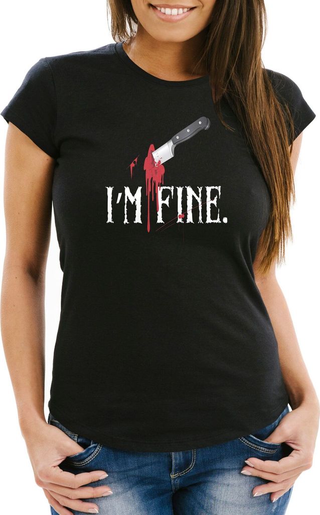 Damen T-Shirt I'm fine Stichwunde Messer Halloween Horror Slim Fit Moonworks schwarz XL
