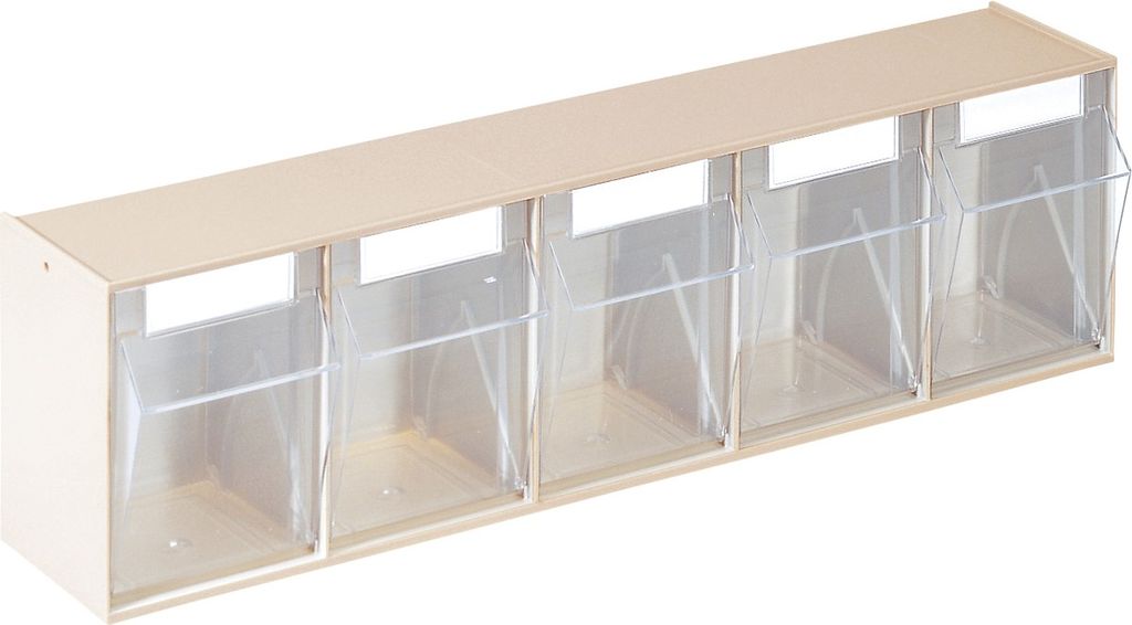 A long, narrow storage unit with five clear bins.