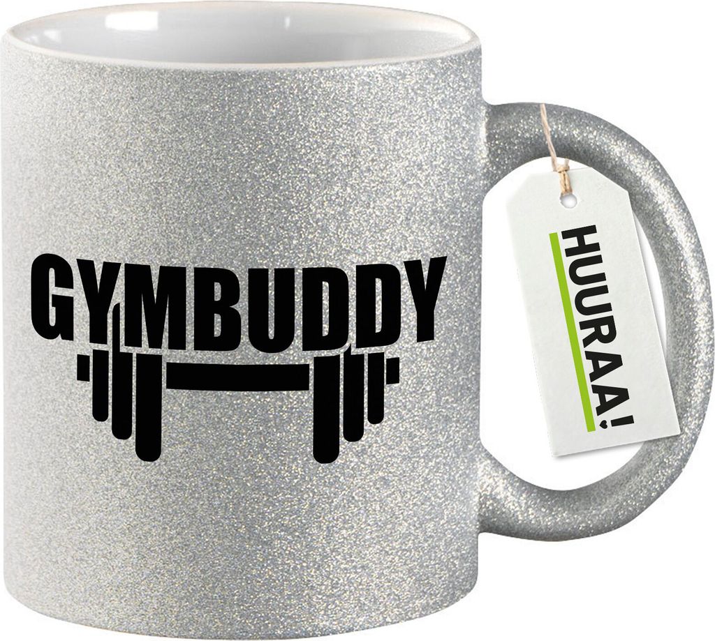 Huuraa Glitzertasse Gymbuddy Hantel 330ml Silber Keramik Kaffeebecher Geschenkidee