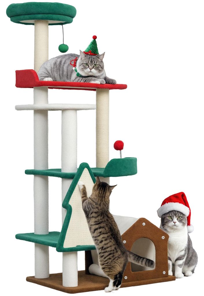 PawHut Kratzbaum mit 6 Ebenen, 135 cm Katzenbaum in Weihnachtsfarben Mehrfarbig