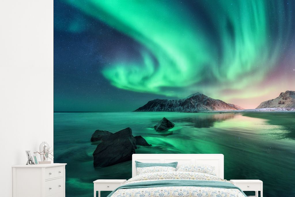 MuchoWow Fototapete für Wohnzimmer oder Schlafzimmer Wandtapete Vinyl Motivtapete Nordlichter - Nacht - Reflexion - Norwegen - 265x240 cm - Zimm...