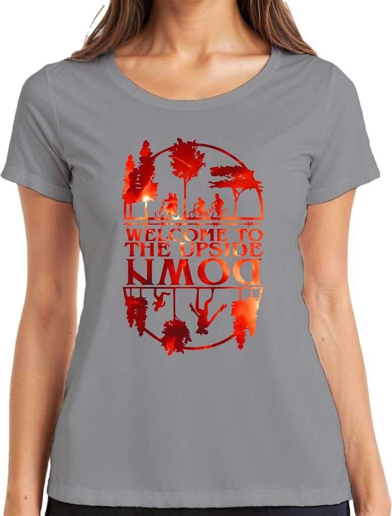 Welcome To The Upside Down Sci Fi 80er Retro Horror Stranger Damen T-Shirt, Grau, XL