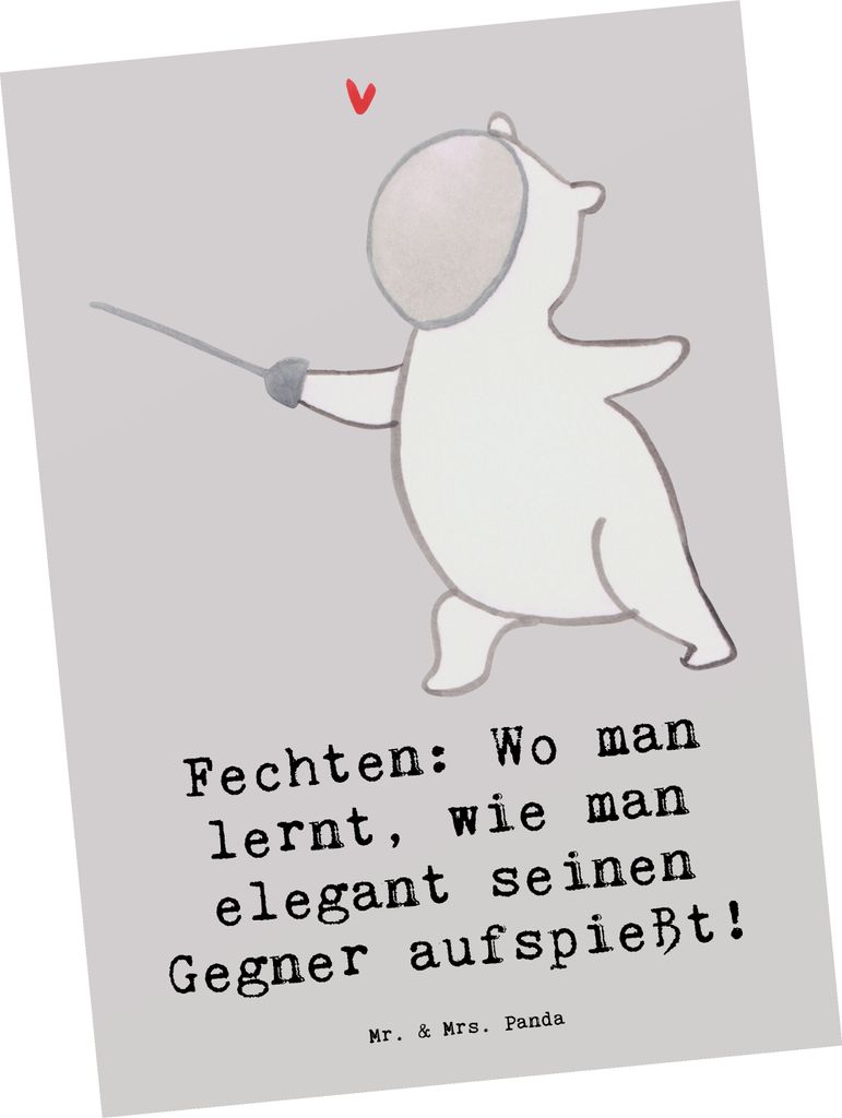 Mr. & Mrs. Panda Grußkarte Fechten Eleganz - Grau Pastell - Geschenk, Disziplin, Präzision, Teamsport, Postkarte, Sportler, Ansichtskarten, Strat...