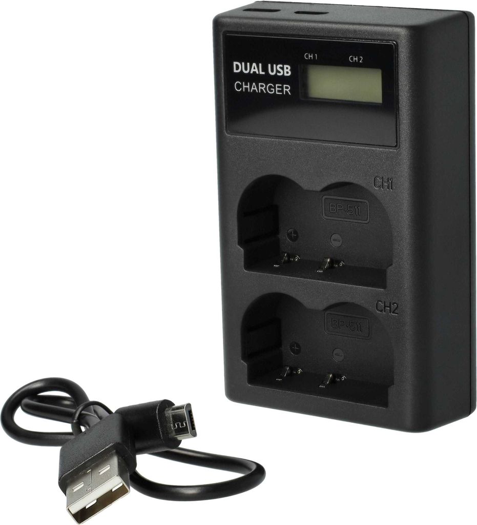 vhbw Dual Micro-USB + USB-C Ladegerät kompatibel mit Canon ZR65MC, ZR60, ZR80, ZR70MC Kamera - Ladeschale + Micro-USB Kabel Ladeanzeige + Display