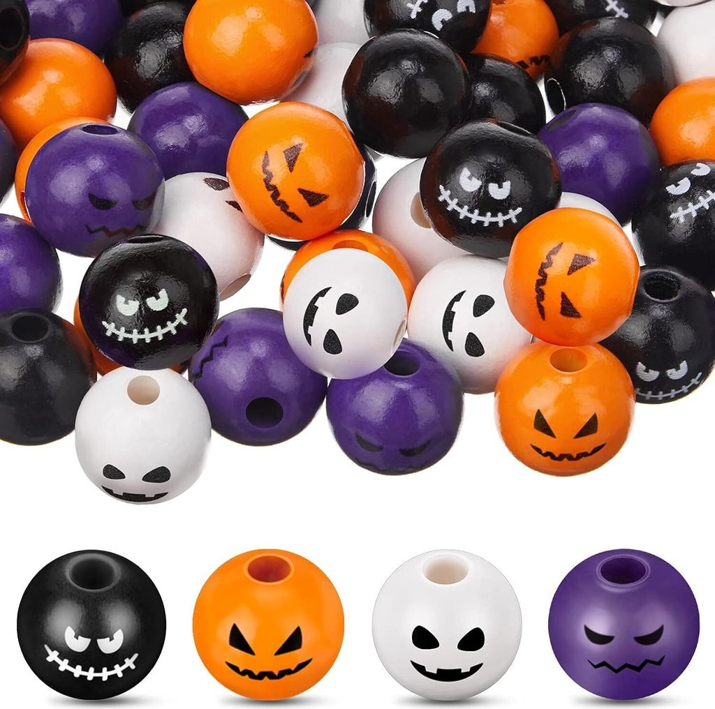 120 Stück Halloween Holzperlen für Armbänder,16mm Perlen zum Basteln Holzperlen mit Gesicht,Halloween Kürbis Perlen Spielzeug Verwendet für Ar...