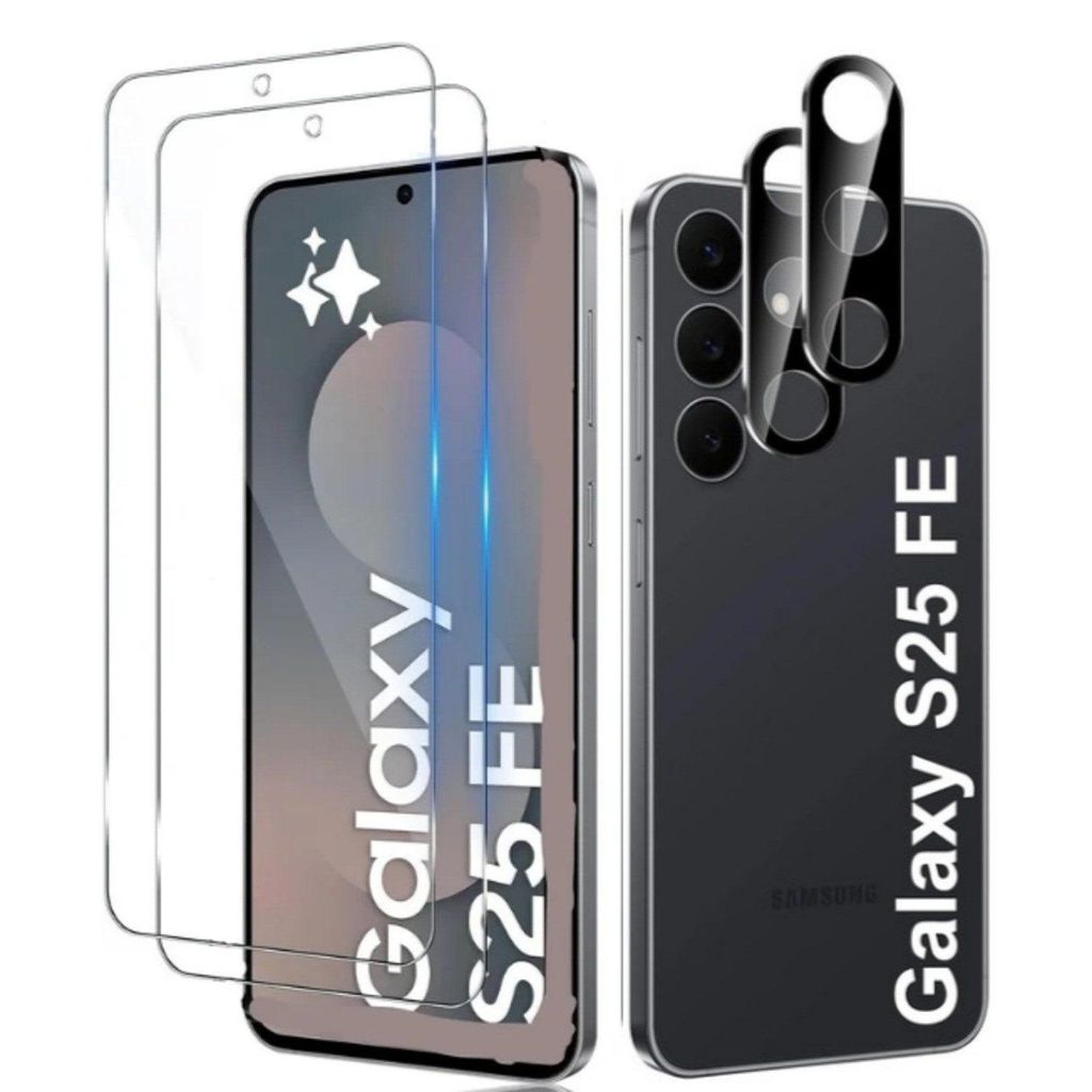 A product shot showing screen protectors and camera lens protectors for a Samsung Galaxy S25 FE.