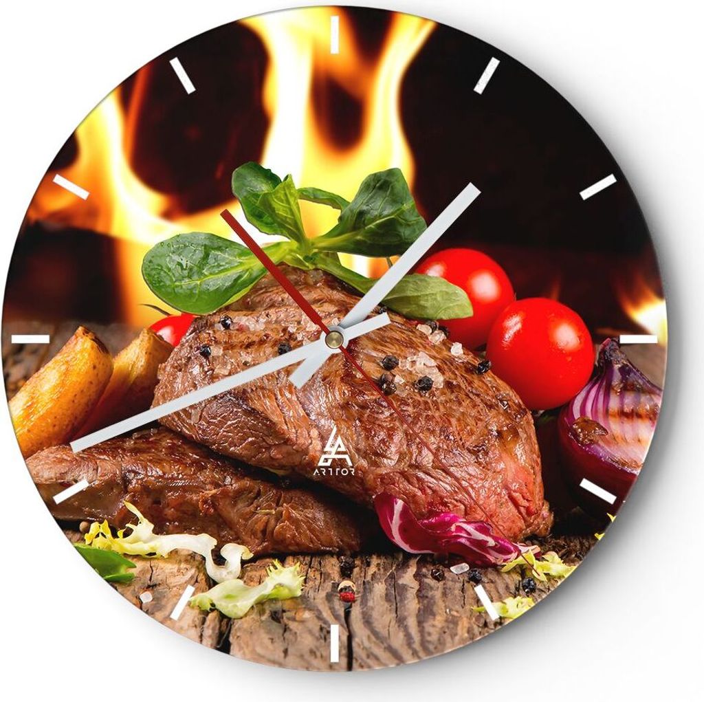 Wanduhr - Rund - Glasuhr - Essen Holz Feuer Steak - 40x40cm - Schleichendes Uhrwerk - Lautlos - zum Aufhängen bereit - Dekoration Modern - Wanddek...