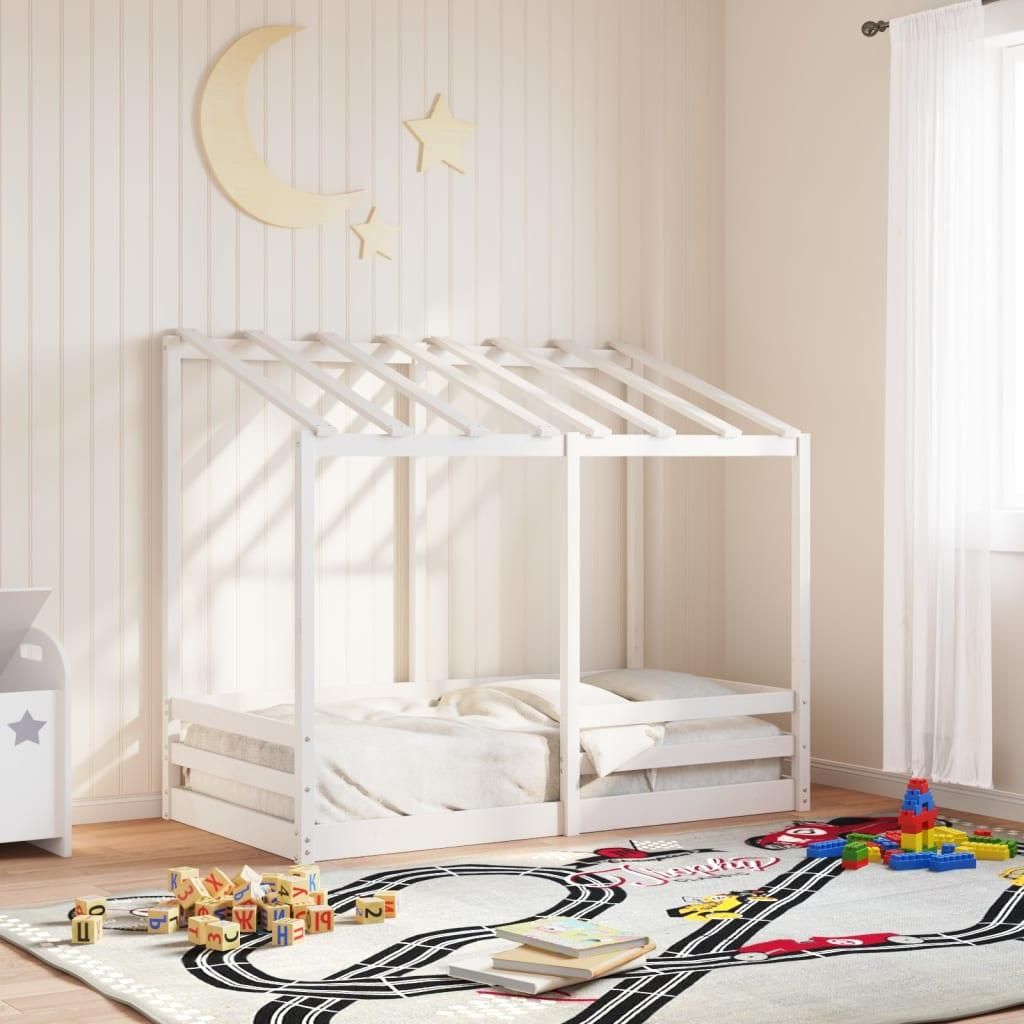 Lit Enfant Maison En Pin Massif 80x160 Cm - Blanc Naturel, Avec Tiroirs, Barrières De Sécurité, Toit Ouvert Pour Décorations
