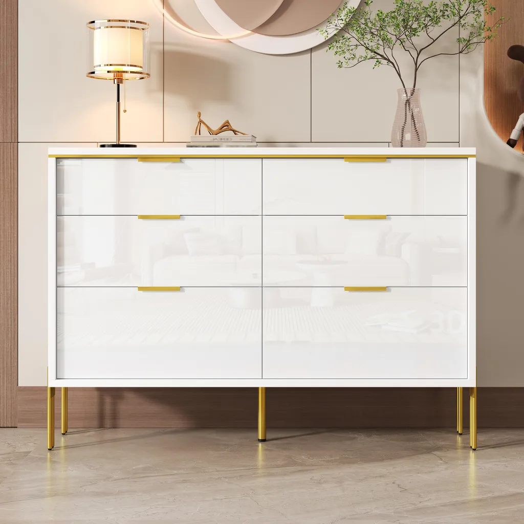 Buffet blanc brillant et doré, meuble design avec 6 grands tiroirs Merax