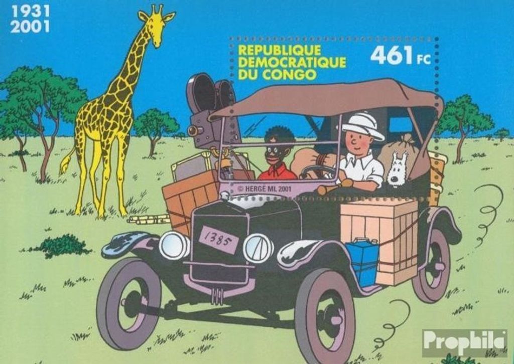 Briefmarken Kongo (Kinshasa) 2001 Mi Block115 (kompl.Ausg.) postfrisch Comic Tim im Kongo