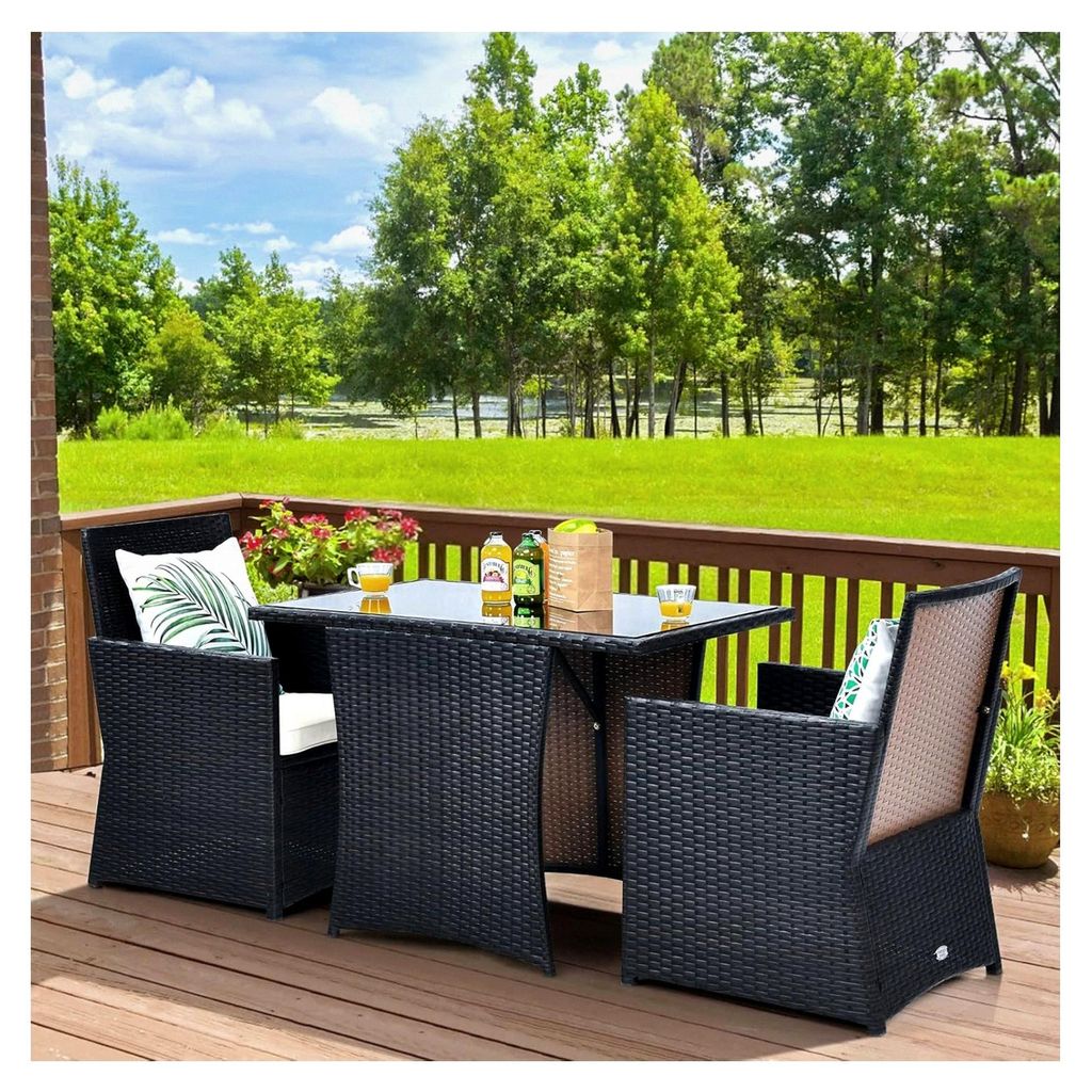 Gartenmöbel Set Rattan für 2 Personen, Balkonmöbel für kleine Balkone, Esstisch mit 2 zusammenschiebbaren Stühlen, platzsparendes Balkonset mi...