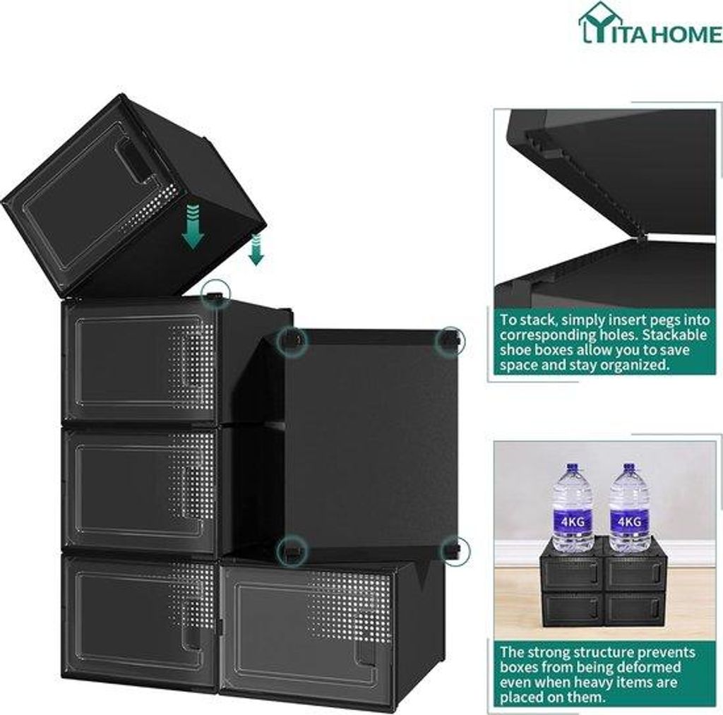 Schoencontainer, 12-teilig, stapelbaar, 35,8 x 27,7 x 20,8 cm, XL, schwarzer Plastikschuhbehälter