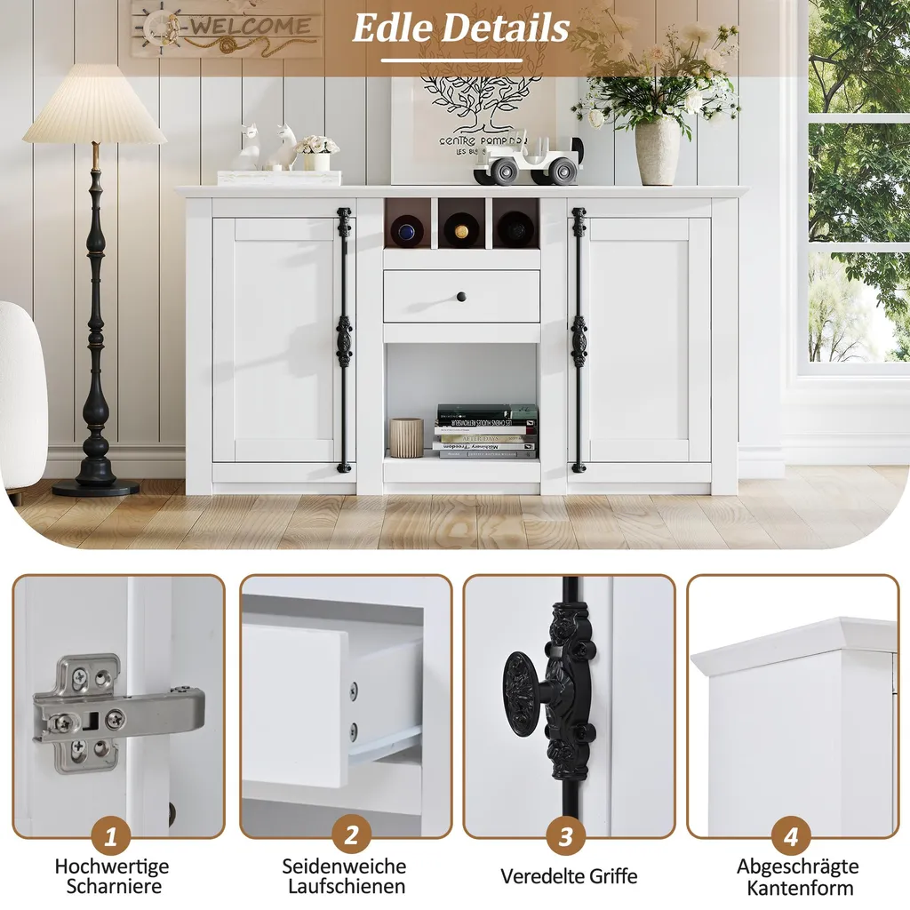 Buffet avec Rangement Semi-Ouvert et Porte-Bouteilles - Commode Blanche