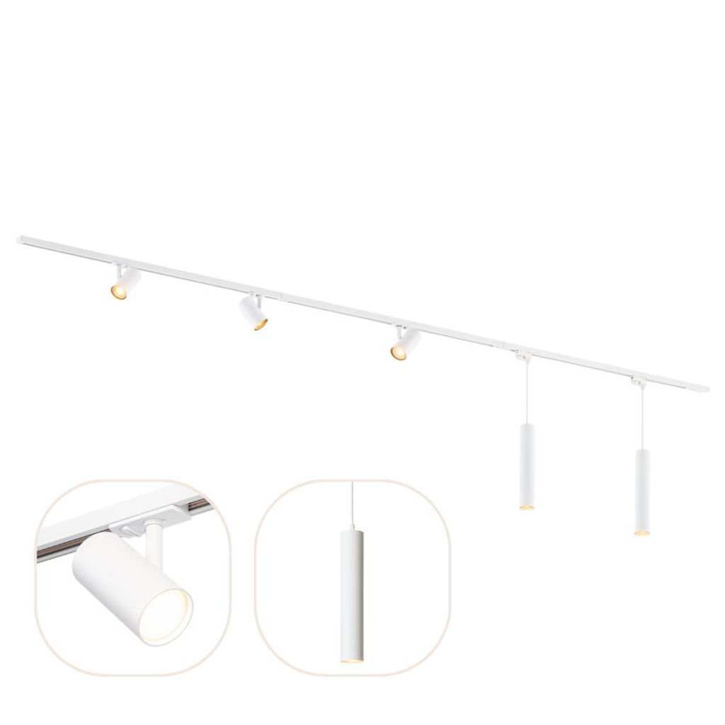 Qub 1-Phasen-Schienensystem - GU10 - 300 cm - I-Form - 3 Viror Mesh Spots - 2 Hängeleuchten – Schienensystem – Weiß