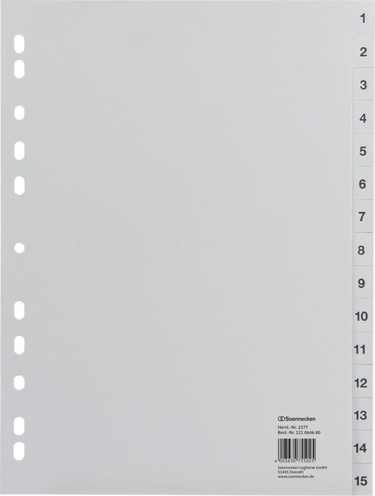 Register 1577 DIN A4 1-15 volle Höhe PP grau Packung mit 25 Stück
