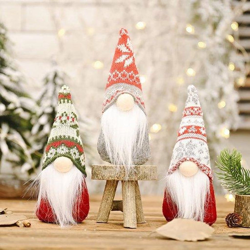 Famanu Weihnachtsgnome Plüschfigur, Skandinavischer Stil - 3er Set in Grün, Grau und Rot
