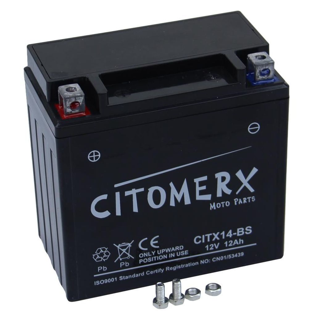 A black motorcycle battery is shown against a white background.