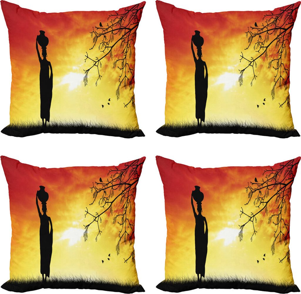 ABAKUHAUS afrikanisch Kissenbezug Set (4 Stück), Lady in Sunset Safari, Moderner Doppelseitiger Digitaldruck, 50 cm x 50 cm, schwarz orange
