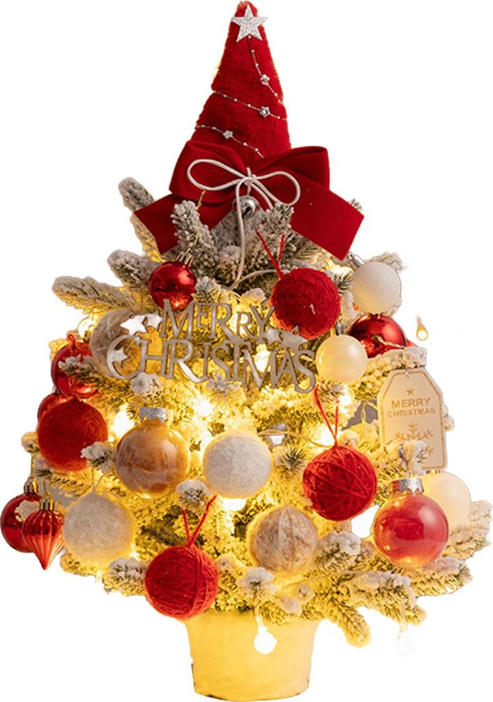 Mini-Weihnachtsbaum mit Schneebeflockung, künstlicher Tischweihnachtsbaum mit LED-Lichtern, kleine Kiefer mit Kugeln und Schleife für Schreibtisc...