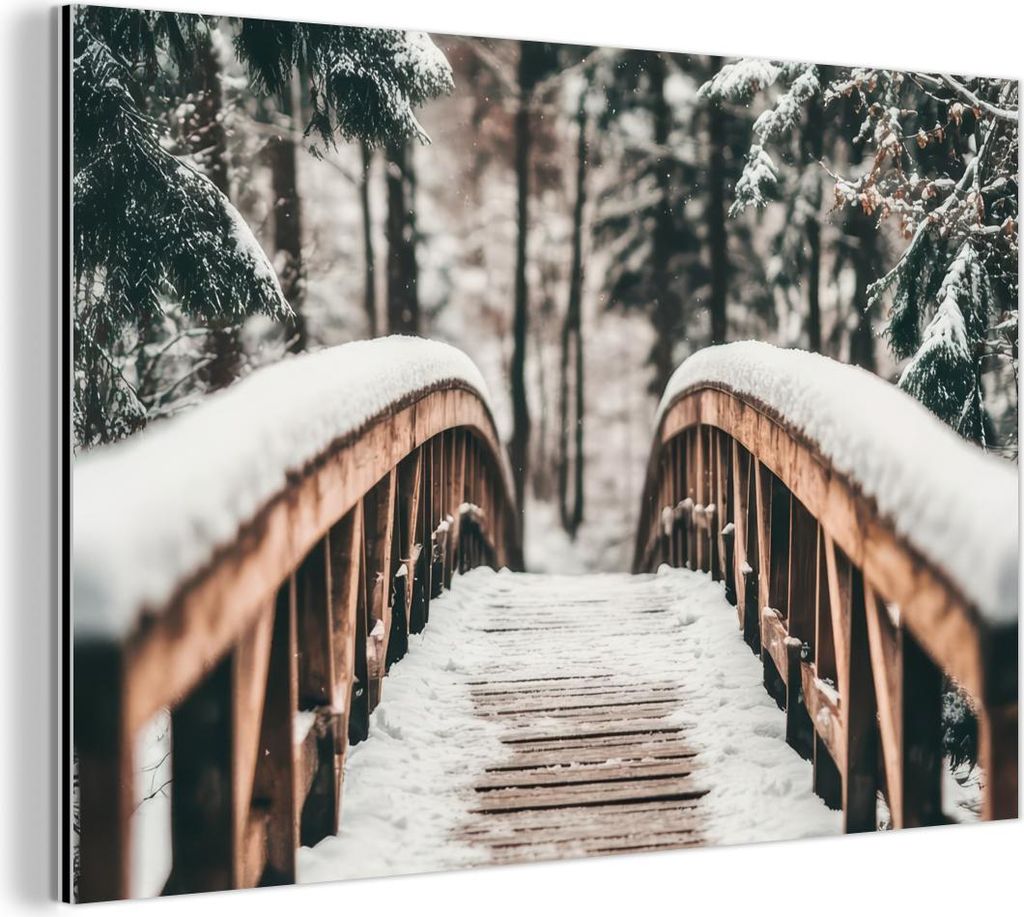 MuchoWow Wanddekoration Metall Metallbild Wandkunst 60x40 cm Brücke - Winterlandschaft - Wald - Natur - Schnee MuchoWow Aluminium Gemälde - Gemä...