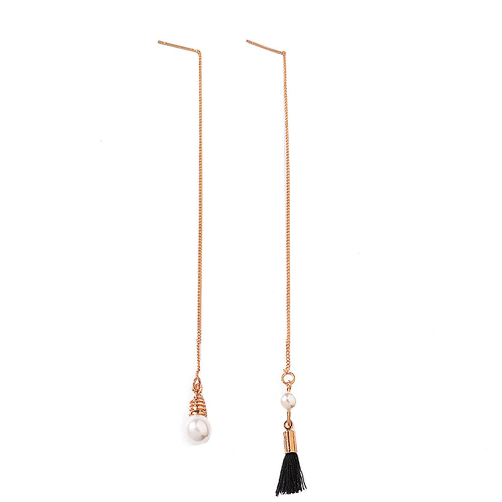 Mode unregelmäßige Quaste Faux Perle lange Kette baumeln Ohrstecker Schmuck-Schwarz