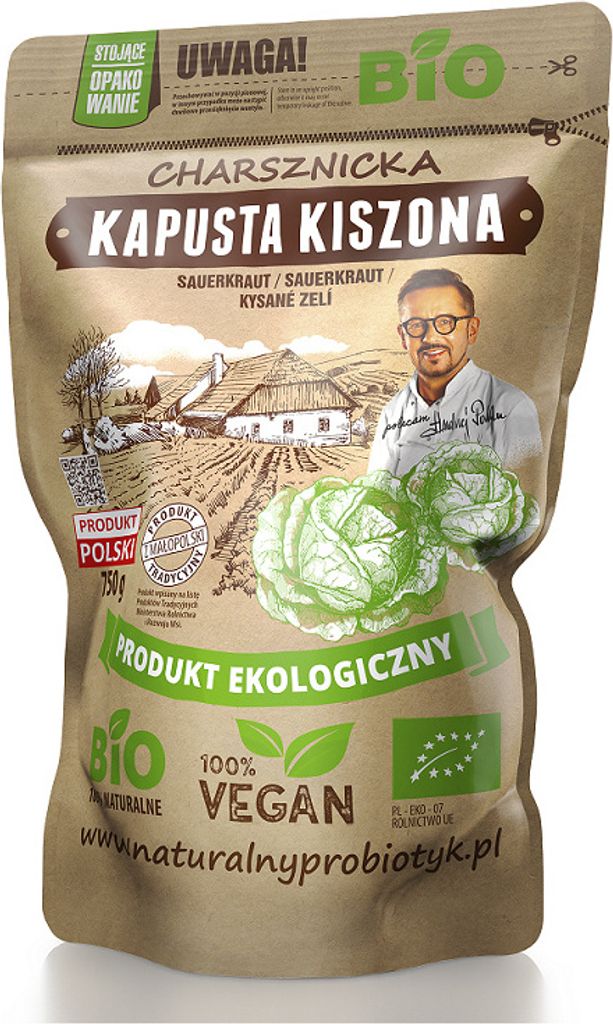 A bag of sauerkraut with an illustration of a farm and a man.