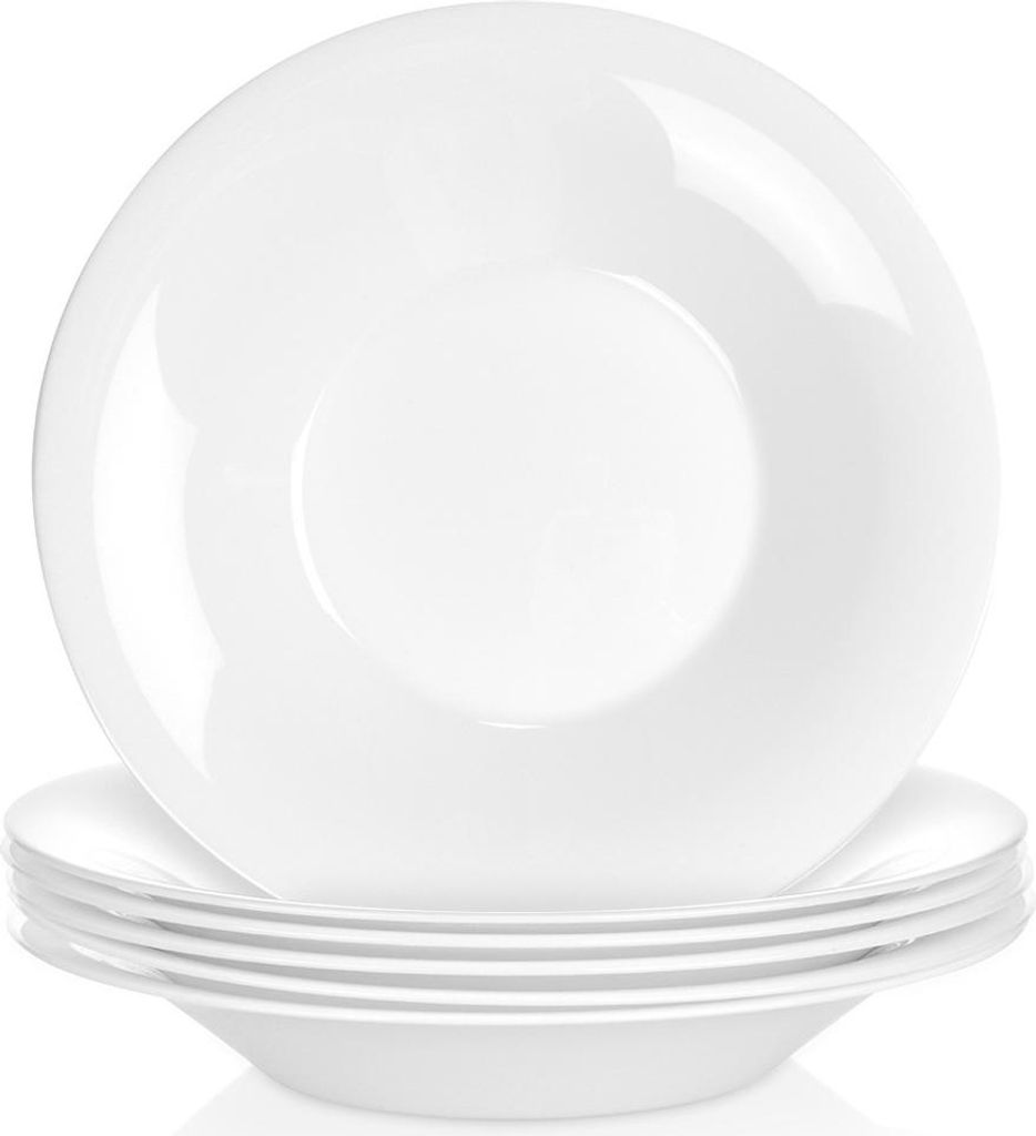 A stack of white bowls on a white background.