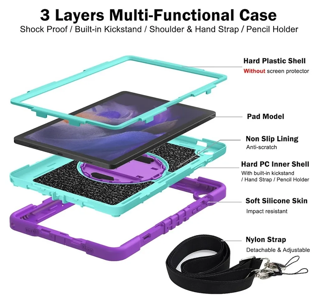 Per Samsung Galaxy Tab A9 Plus stand-up ibrido all'aperto viola / blu 360 gradi con cinghia di tenuta custodia tablet - 6
