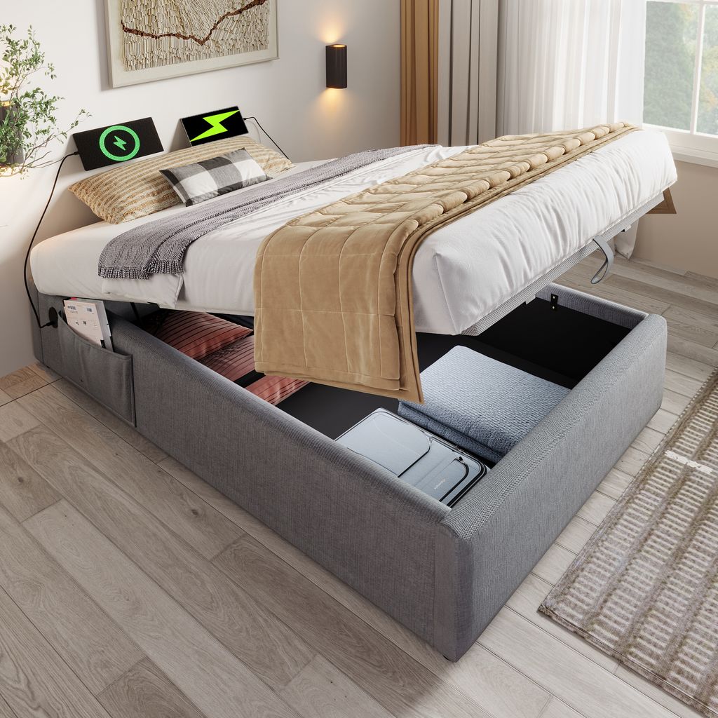 STILVORA Polsterbett 90×190 mit Bettkasten,Bettgestell mit USB- C&Lattenrost,Struraumbett ohne Kopfteil&Matratze,Leinen,Grau