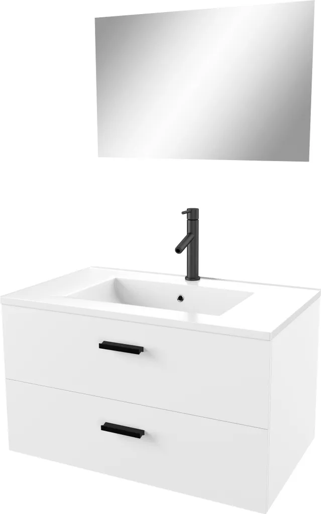Meuble salle de bain 80 cm gain de place suspendu blanc miroir BOX-IN