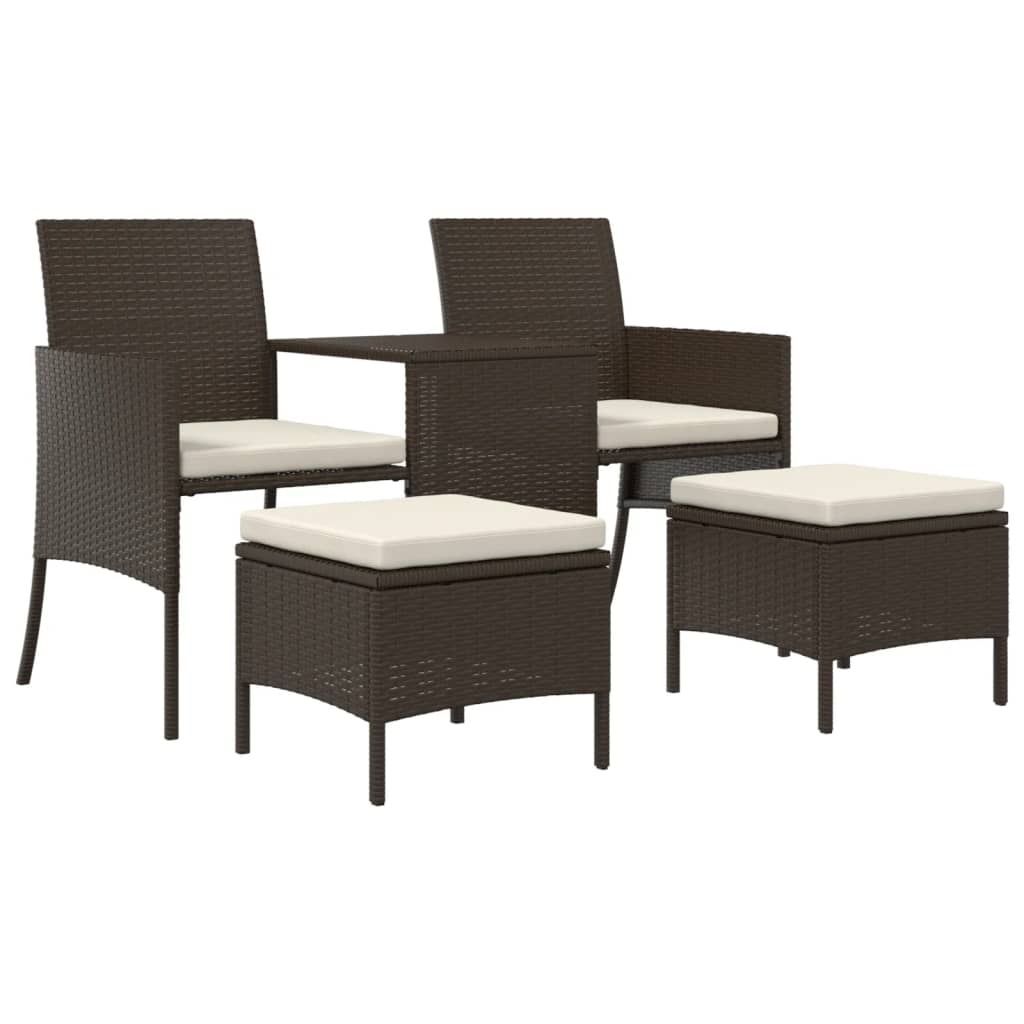vidaXL Gartensofa 2-Sitzer mit Tisch und Hockern Braun Poly Rattan