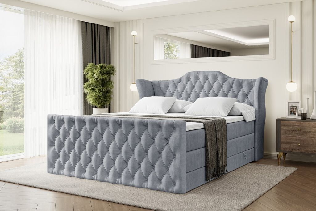 ALTDECOR Boxspringbett mit Fußteil, 2 Matratzen und Topper - 160x200 cm - VILA-Z KING - Grau Samt - Polsterbett mit, H3- und H4- Matratzen, Bettka...