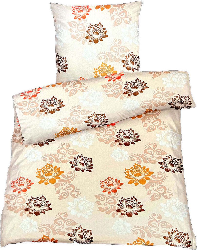 Hochwertige Biber Bettwäsche Baumwolle Blumen Beige Orange 155x220 80x80: 2tlg.