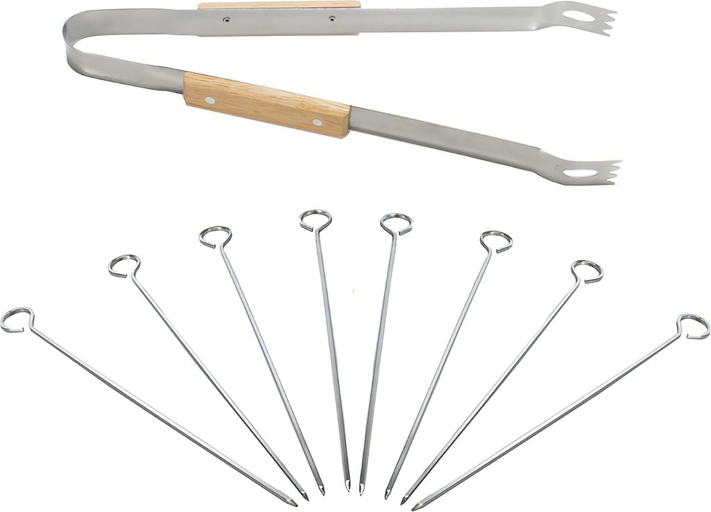 Grill-Set Grillzange aus Edelstahl mit Eichengriff und 8 Barbecue-Spieße, Zange ca. 39 cm lang mit Zacken am Greifer, Grillspieß für Schaschlik,...