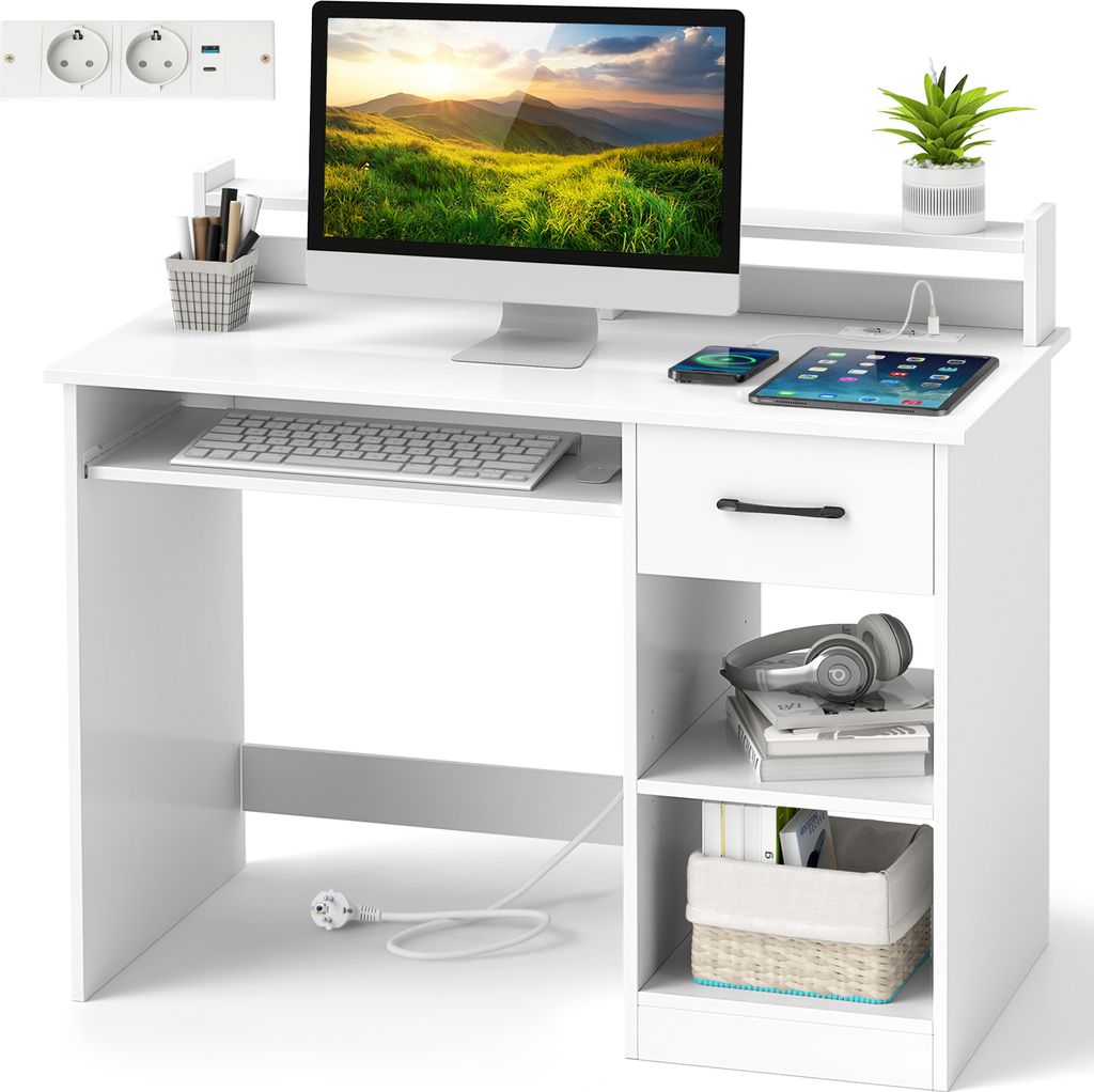 Computertisch mit USB/Type-c Ladestation, Laptop PC-Tisch mit Schublade & 5-stufig verstellbares Regal, Schreibtisch