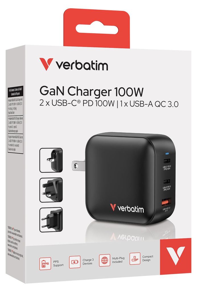 Verbatim Mini GaN Charger 100W 3Port US/EU/UK ADP         Produktbild 
