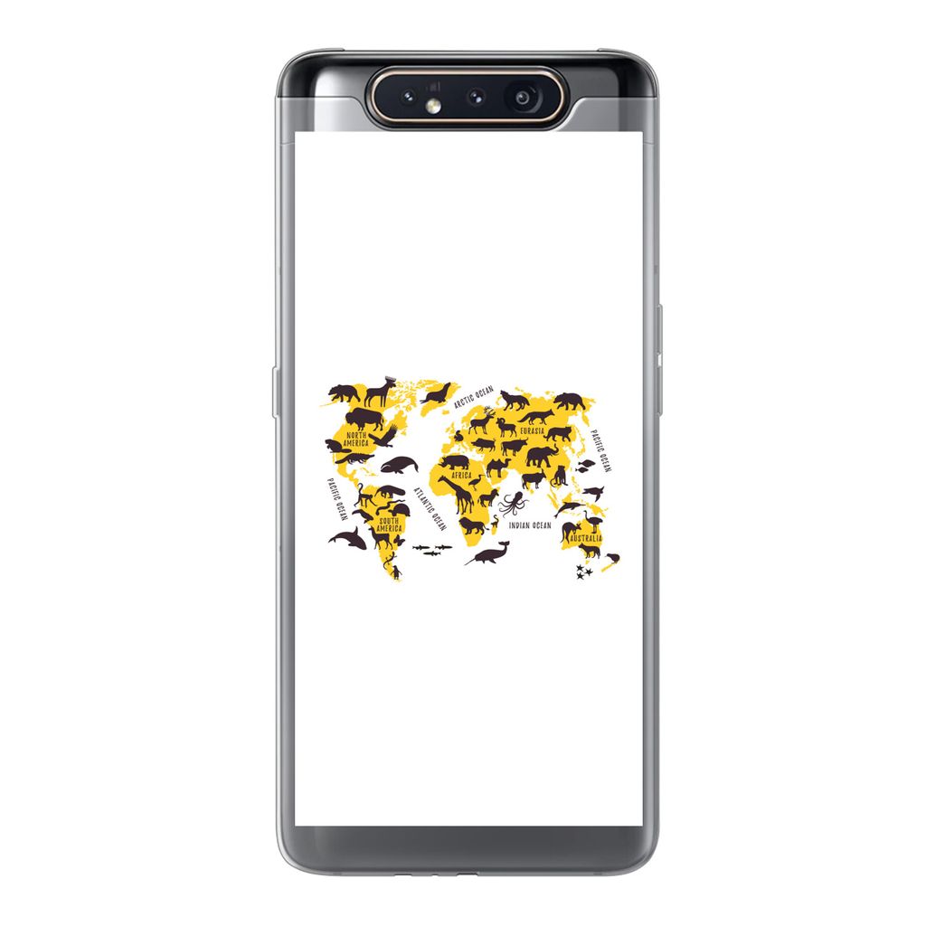 MuchoWow Handyhülle Schutzhülle Hülle für Samsung Galaxy A80 Weltkarte - Tiere - Gelb Silikon Softcase Handy Hülle - Schutzdeckel