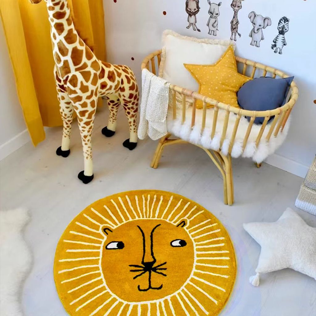 Teppich Wohnzimmerteppich Kinderteppich Waschbarer Kurzflor-Teppich mit rutschfester Unterseite Sofateppich Orange Löwe 100cm