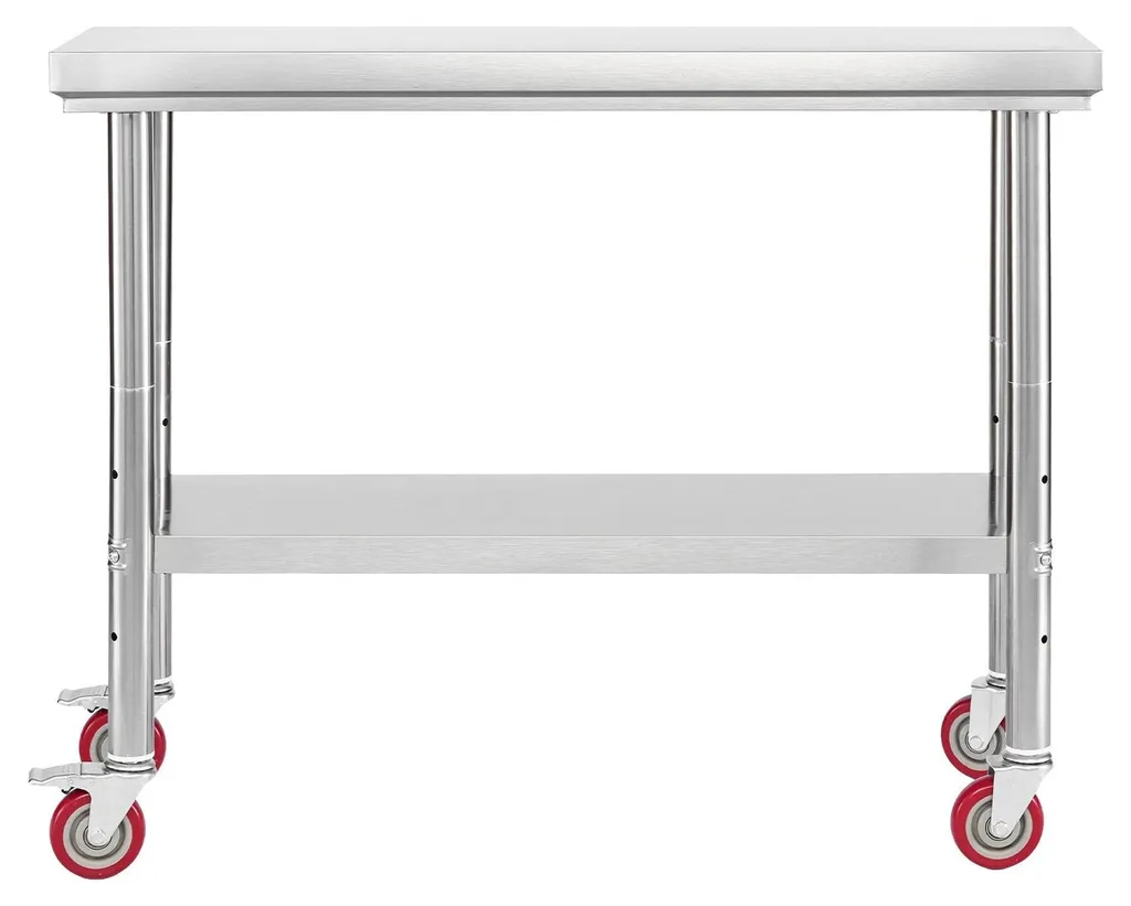 Table inox à roulettes 90 cm avec étagère modulable et plateau large